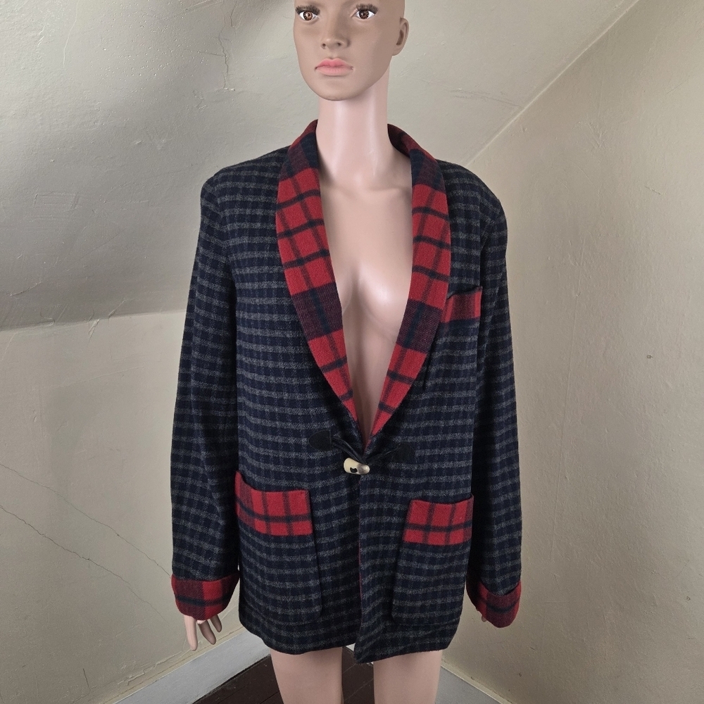 Lauren Ralph Lauren Lambswool Plaid Jacket Toggle Closure Red Black Blazer M
